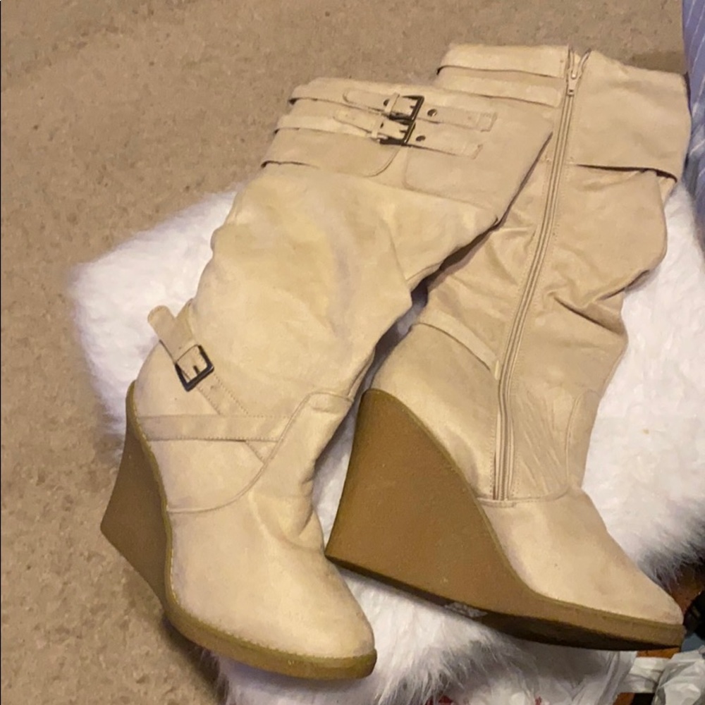 Cream Suede wedge boots